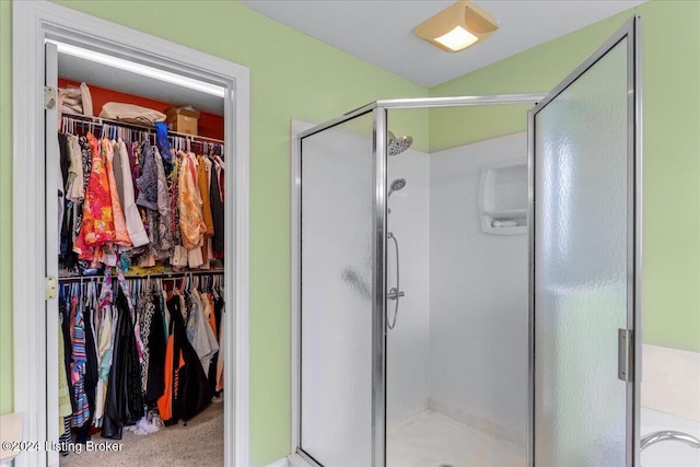 bathroom featuring a spacious closet and a stall shower