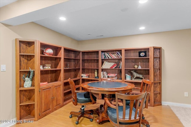 home office featuring recessed lighting, baseboards, and light wood-type flooring