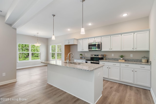 1332 Etawah Ave, Louisville, KY 40222 - kitchen with stainless steel appliances, a sink, white cabinetry, light wood-style floors, and recessed lighting