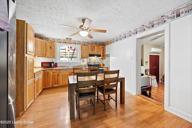 117 Fairview Dr, Waddy, KY 40076 - kitchen with a wall unit AC, a sink, under cabinet range hood, light wood finished floors, and a ceiling fan