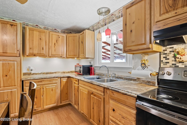 117 Fairview Dr, Waddy, KY 40076 - kitchen featuring light wood-style flooring, stainless steel range with electric cooktop, under cabinet range hood, a sink, and a textured ceiling