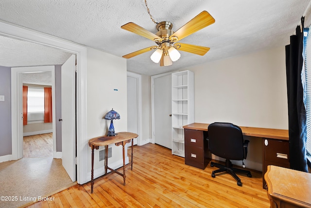 117 Fairview Dr, Waddy, KY 40076 - office area with light wood finished floors, a textured ceiling, a ceiling fan, and baseboards
