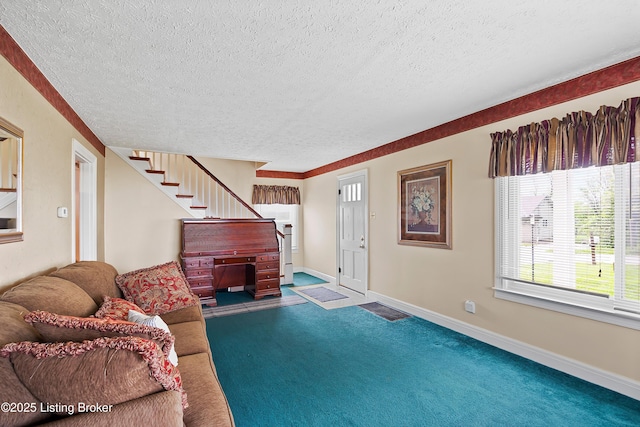 117 Fairview Dr, Waddy, KY 40076 - carpeted living room with baseboards, stairway, and a textured ceiling