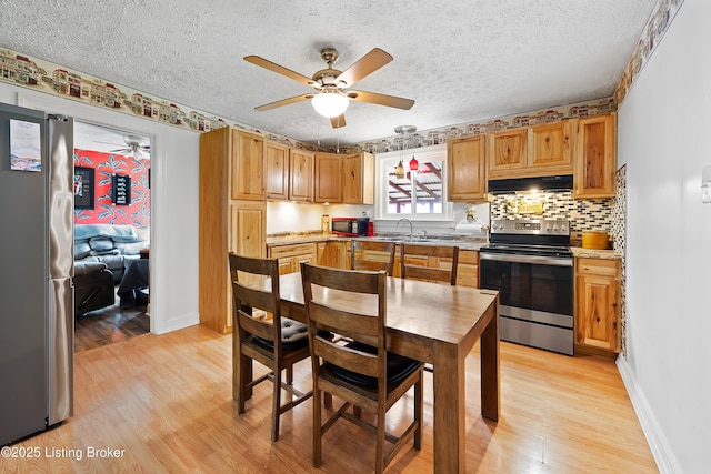 117 Fairview Dr, Waddy, KY 40076 - kitchen featuring under cabinet range hood, appliances with stainless steel finishes, ceiling fan, a sink, and light wood-type flooring