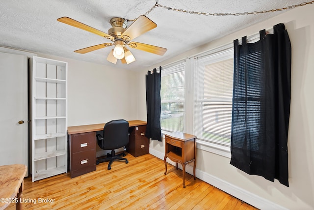 117 Fairview Dr, Waddy, KY 40076 - home office featuring a textured ceiling, ceiling fan, light wood-style flooring, and baseboards
