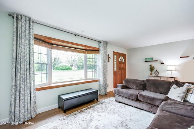 living room with wood finished floors and baseboards