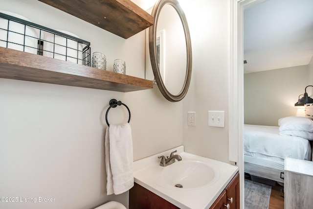 bathroom with wood finished floors, vanity, and ensuite bathroom
