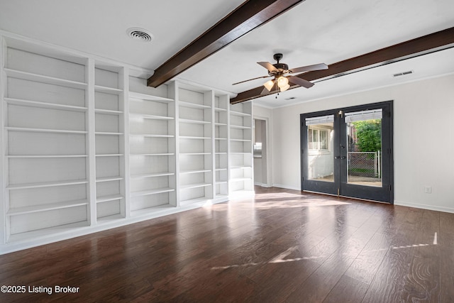 unfurnished living room featuring visible vents, french doors, and baseboards