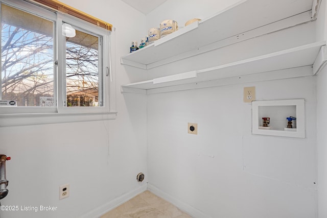 laundry room featuring hookup for an electric dryer, washer hookup, laundry area, and baseboards