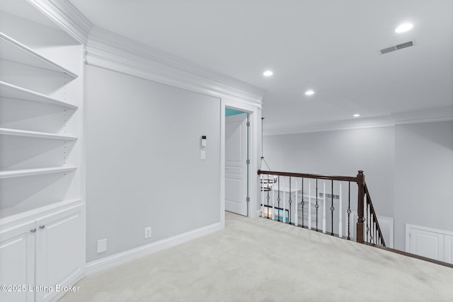 interior space featuring carpet floors, recessed lighting, baseboards, and visible vents