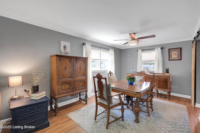dining area featuring a healthy amount of sunlight, ceiling fan, crown molding, and light wood-style flooring