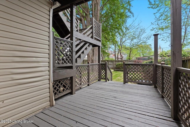 wooden deck with a fenced backyard