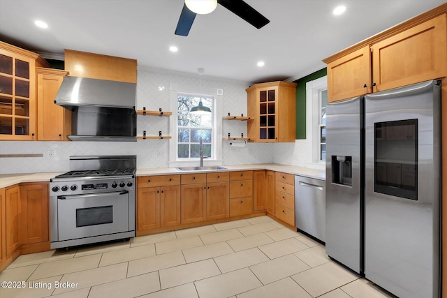 206 E Madison St, La Grange, KY 40031 - kitchen featuring appliances with stainless steel finishes, ceiling fan, open shelves, light countertops, and ornamental molding