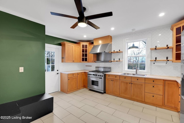 206 E Madison St, La Grange, KY 40031 - kitchen featuring high end range, a sink, wall chimney exhaust hood, open shelves, and ornamental molding