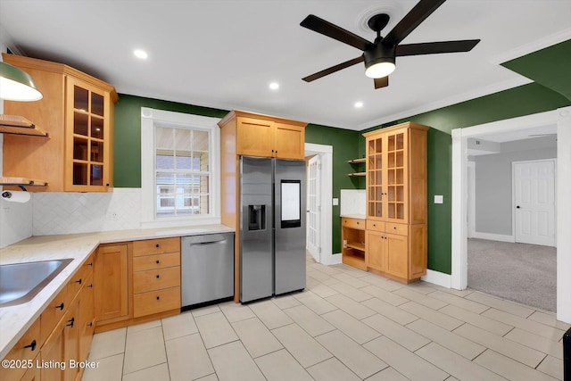 206 E Madison St, La Grange, KY 40031 - kitchen featuring stainless steel appliances, open shelves, ceiling fan, light countertops, and backsplash