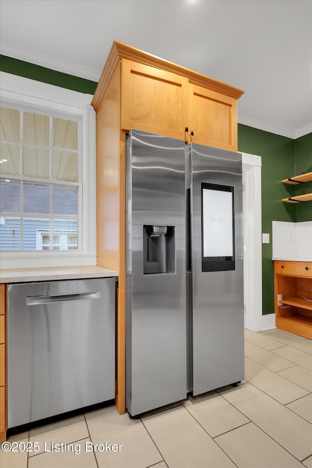 206 E Madison St, La Grange, KY 40031 - kitchen with stainless steel appliances, crown molding, light countertops, light tile patterned floors, and open shelves
