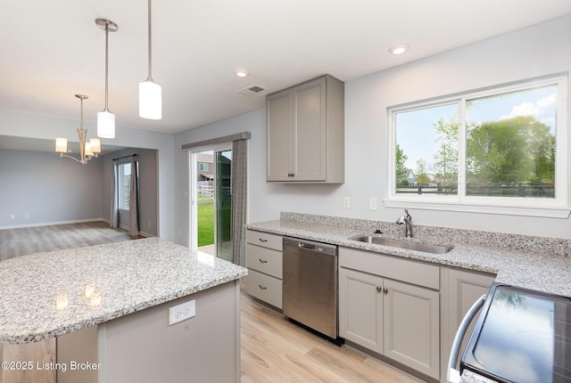 112 Shadow Rock Ct, Shepherdsville, KY 40165 - kitchen with stainless steel dishwasher, a sink, light wood-style floors, electric range, and gray cabinets