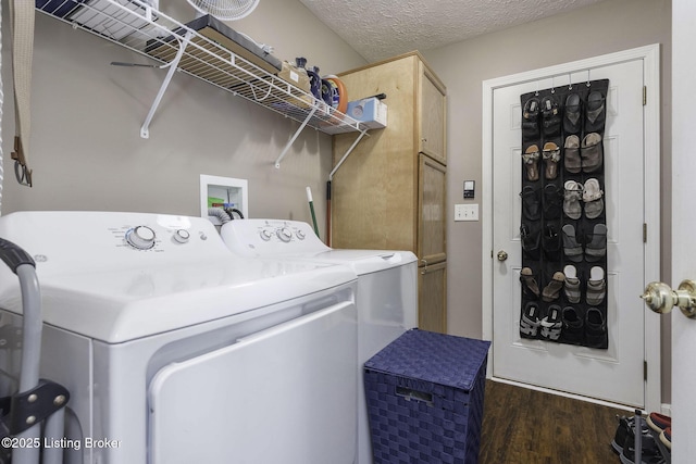 216 Willow Creek Dr, Mt Washington, KY 40047 - laundry room featuring a textured ceiling, independent washer and dryer, cabinet space, and dark wood finished floors