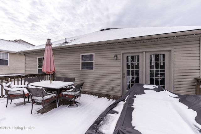 216 Willow Creek Dr, Mt Washington, KY 40047 - snow covered rear of property with outdoor dining area and a wooden deck