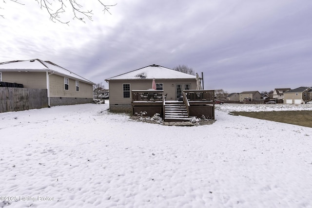 216 Willow Creek Dr, Mt Washington, KY 40047 - snow covered property featuring fence, crawl space, and a wooden deck