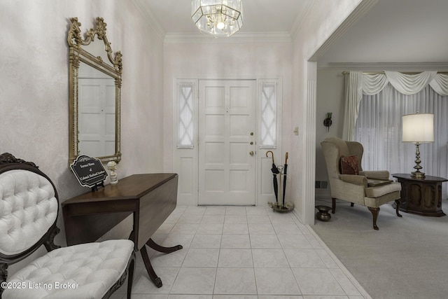entryway with crown molding, a notable chandelier, and light tile patterned floors