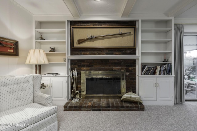 living area with carpet floors, crown molding, built in features, and beam ceiling