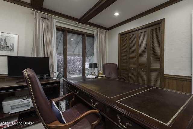 office area featuring ornamental molding and beamed ceiling