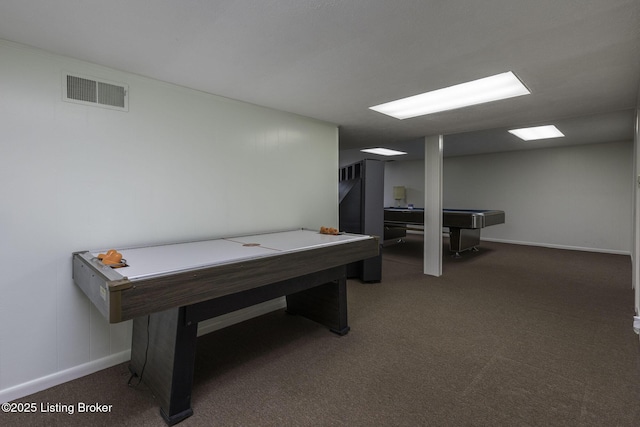 game room with billiards, baseboards, carpet floors, and visible vents
