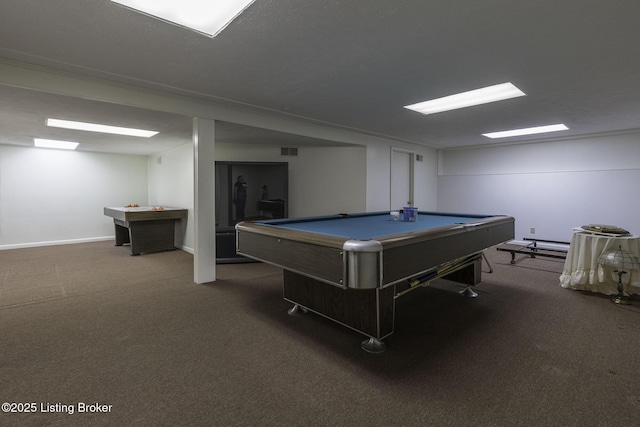playroom with pool table, baseboards, carpet, and visible vents