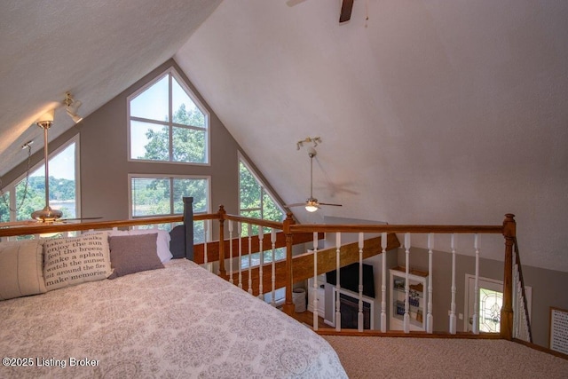 carpeted bedroom with vaulted ceiling