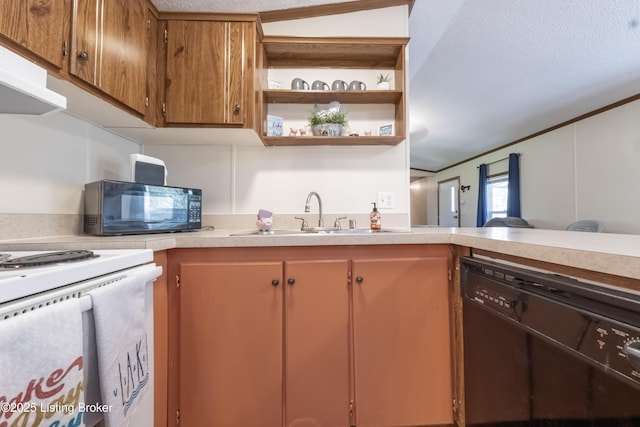 kitchen with brown cabinetry, open shelves, a sink, light countertops, and black appliances
