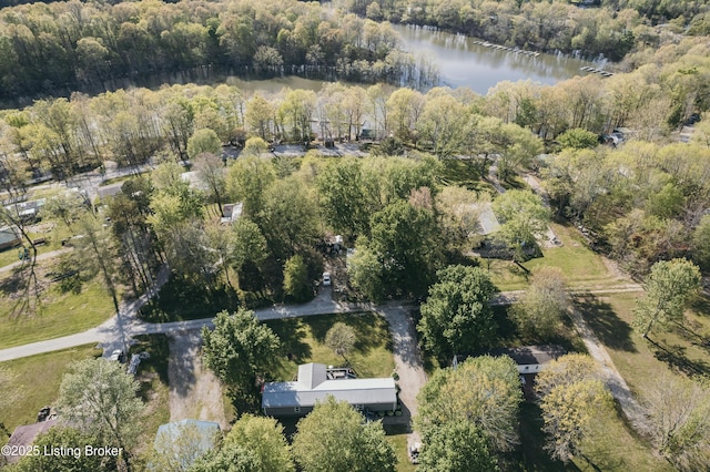 birds eye view of property with a view of trees and a water view