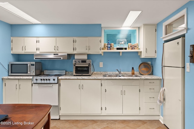 320 Biltmore Rd, Louisville, KY 40207 - kitchen featuring white appliances, a sink, light countertops, under cabinet range hood, and open shelves