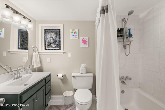 320 Biltmore Rd, Louisville, KY 40207 - full bathroom featuring baseboards, toilet, shower / bath combo with shower curtain, and vanity