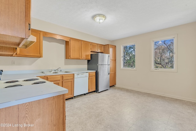 kitchen featuring dishwasher, a sink, light countertops, baseboards, and freestanding refrigerator