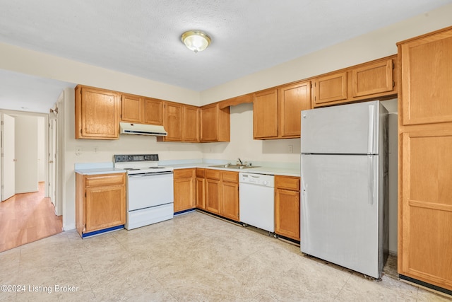 kitchen featuring a sink, under cabinet range hood, white appliances, and light countertops
