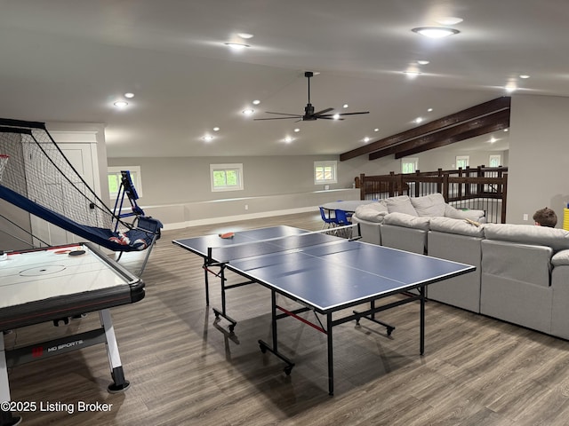 game room with recessed lighting, wood finished floors, a ceiling fan, and lofted ceiling