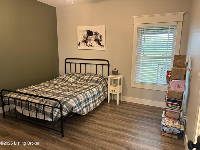 bedroom featuring wood finished floors, baseboards, and multiple windows