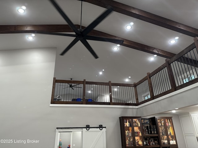 details featuring beam ceiling, ceiling fan, and recessed lighting