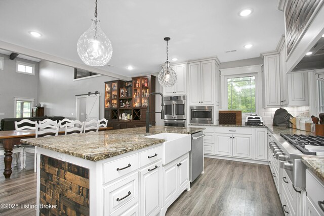 501 Shumate Ln, Bardstown, KY 40004 - kitchen with a barn door, custom exhaust hood, a sink, appliances with stainless steel finishes, and plenty of natural light