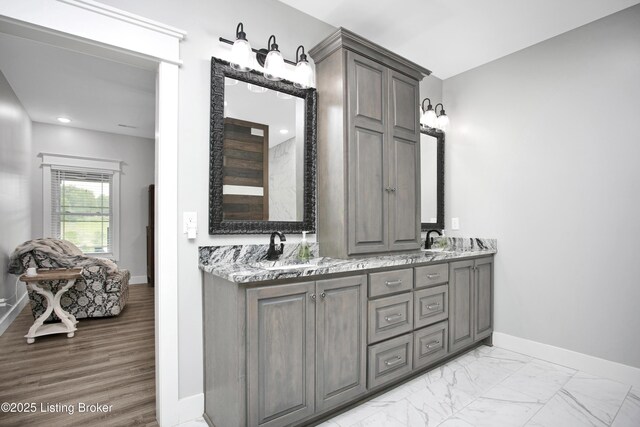 501 Shumate Ln, Bardstown, KY 40004 - full bathroom with double vanity, baseboards, recessed lighting, and marble look tiles