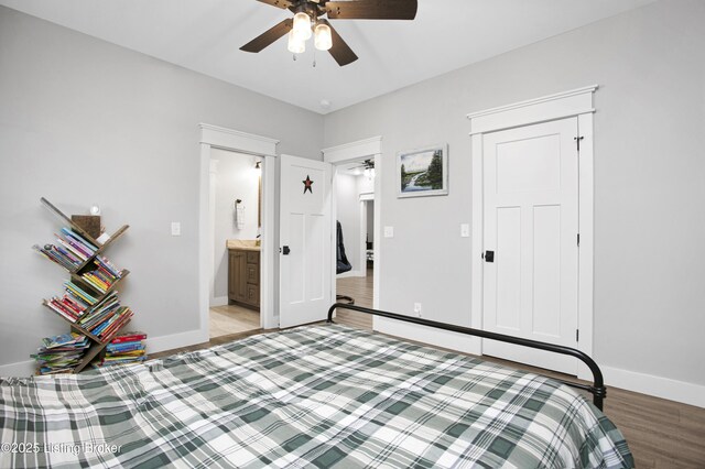 501 Shumate Ln, Bardstown, KY 40004 - bedroom with baseboards, light wood finished floors, ceiling fan, and ensuite bath