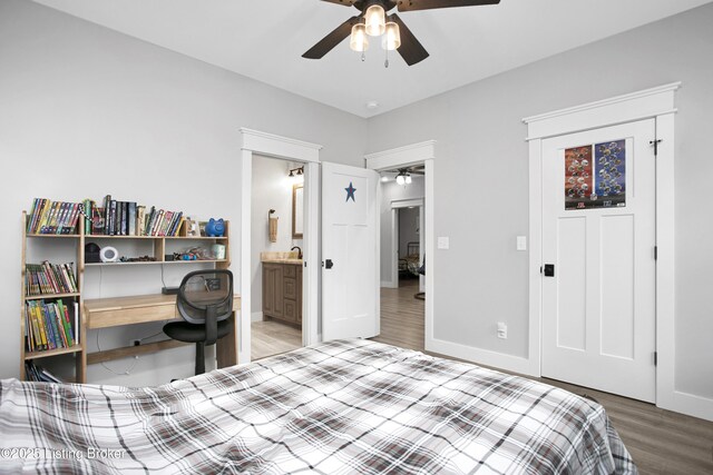 501 Shumate Ln, Bardstown, KY 40004 - bedroom featuring light wood-style flooring, baseboards, a ceiling fan, and connected bathroom
