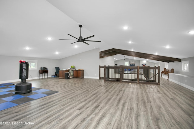 501 Shumate Ln, Bardstown, KY 40004 - exercise area featuring wood finished floors, ceiling fan, lofted ceiling, plenty of natural light, and recessed lighting