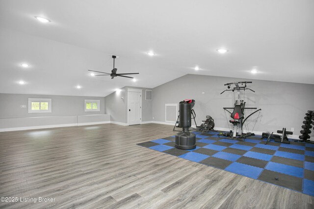 501 Shumate Ln, Bardstown, KY 40004 - workout area featuring wood finished floors, a ceiling fan, vaulted ceiling, baseboards, and recessed lighting
