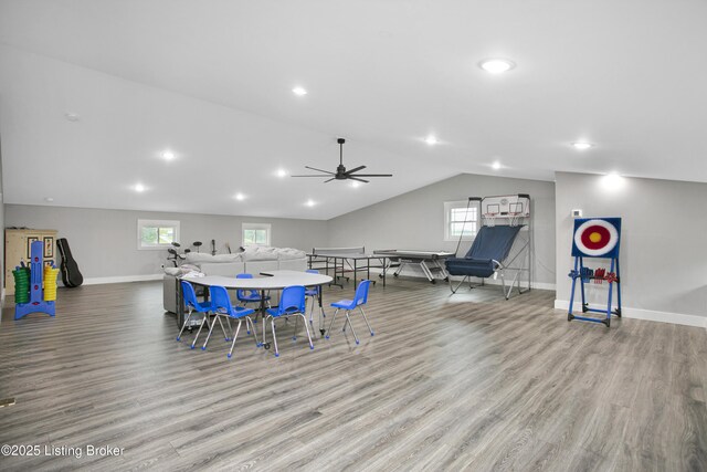 501 Shumate Ln, Bardstown, KY 40004 - dining room featuring wood finished floors, baseboards, lofted ceiling, a ceiling fan, and recessed lighting