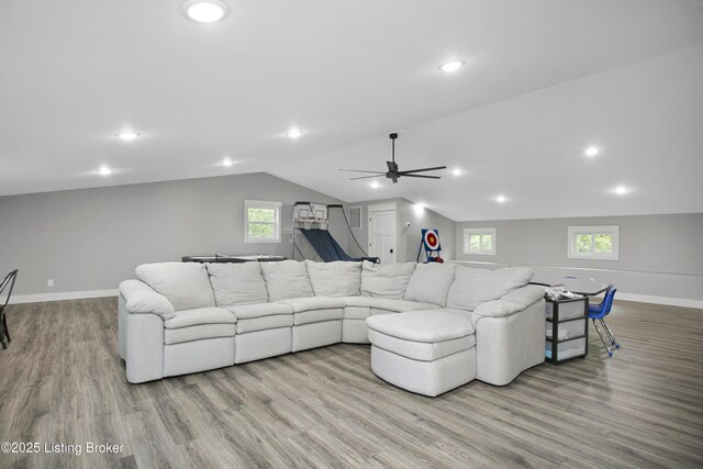 501 Shumate Ln, Bardstown, KY 40004 - living room featuring wood finished floors, vaulted ceiling, a ceiling fan, baseboards, and healthy amount of natural light