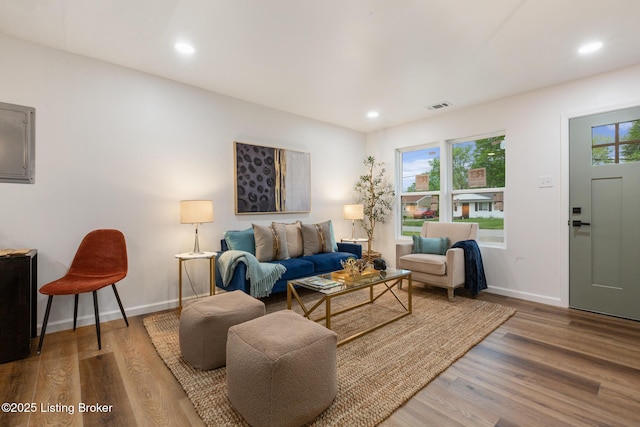 living room featuring a healthy amount of sunlight, baseboards, and wood finished floors