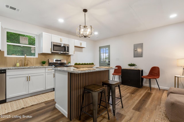 kitchen with a sink, stainless steel appliances, dark wood-type flooring, visible vents, and electric panel