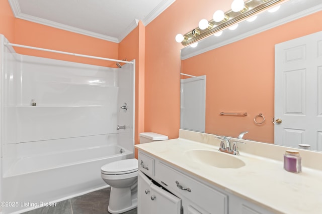 full bathroom featuring shower / washtub combination, toilet, ornamental molding, and vanity